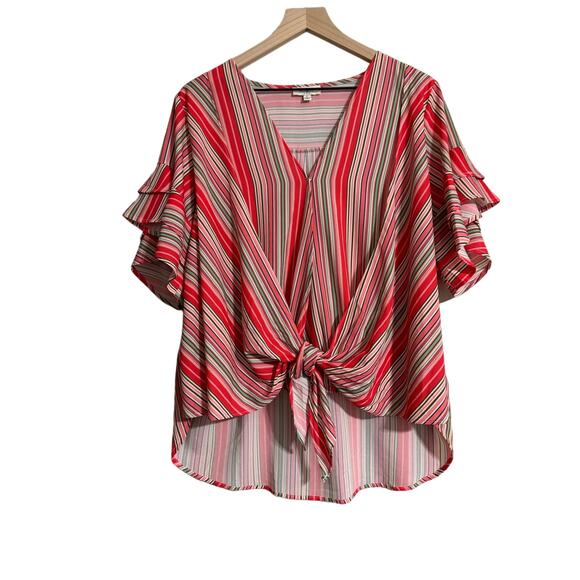 Umgee Striped Flutter Sleeve Tie Front Blouse Large - Picture 1 of 6